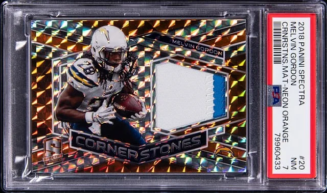 2018 Panini Spectra Melvin Gordon Cornerstones Material Neon Orange #20 card image