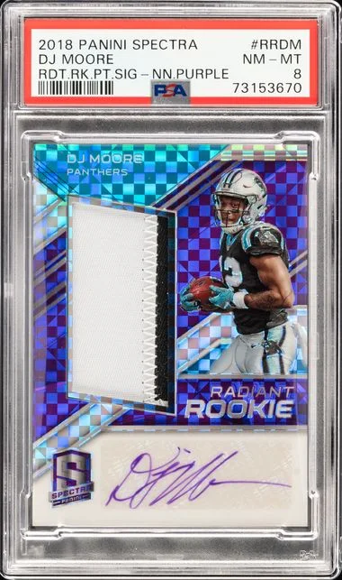 2018 Panini Spectra Radiant Patch Signatures Neon Purple Rrdm Dj Moore #no-number card image