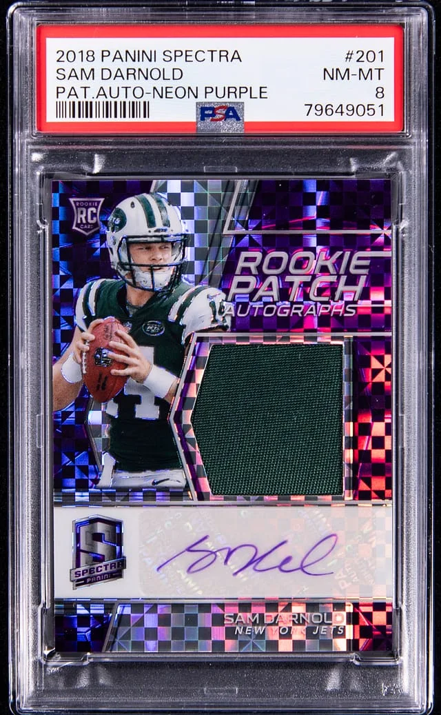 2018 Panini Spectra Sam Darnold Patch Autograph Neon Purple #201 card image