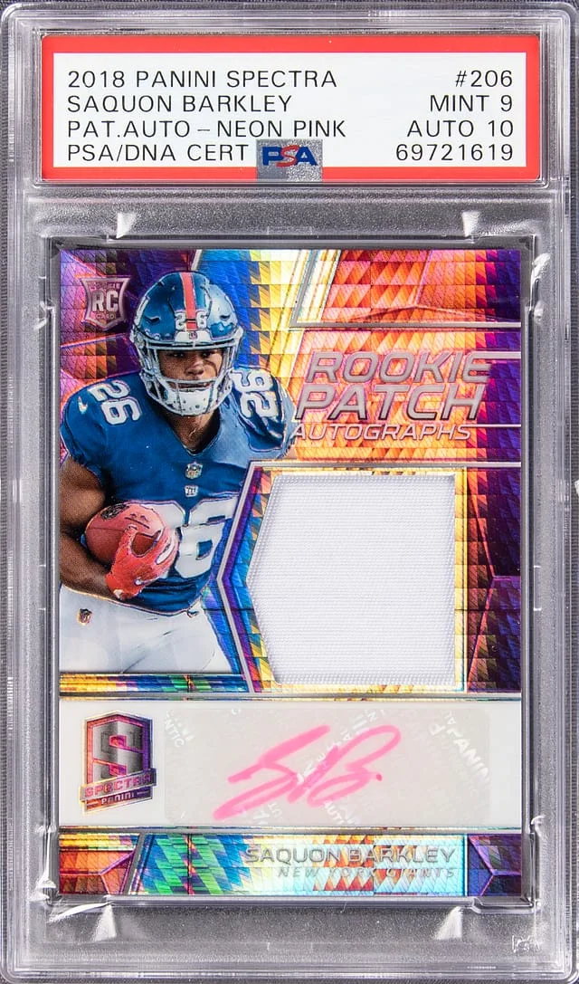 2018 Panini Spectra Saquon Barkley Patch Autograph (RPA) Neon Pink #206 card image