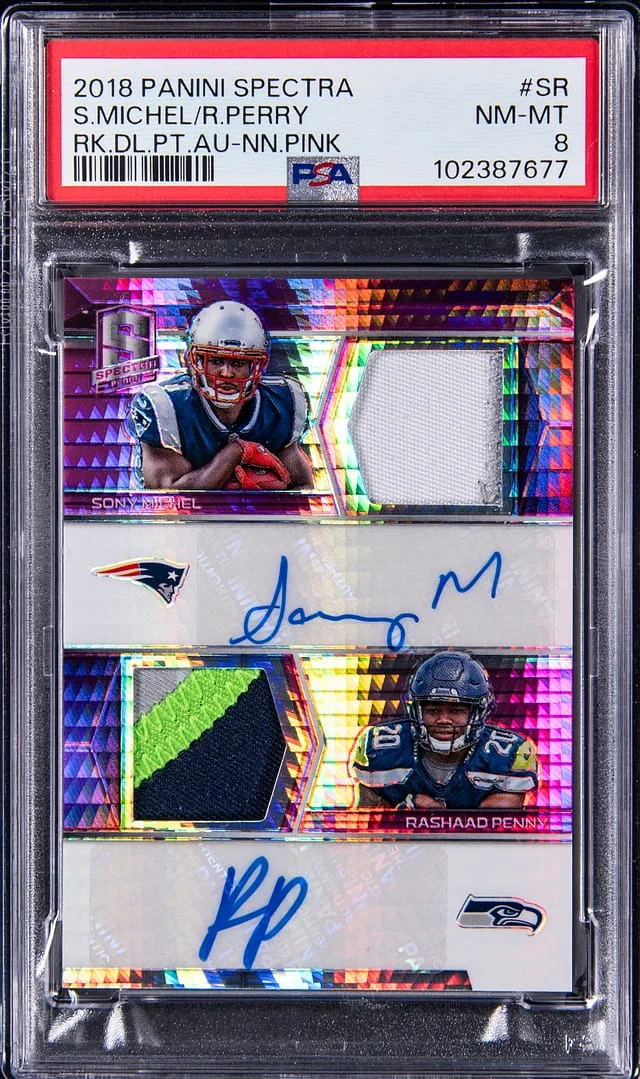 2018 Panini Spectra Sony Michel/Rashaad Penny Dual Patch Autograph Neon Pink #RDPA-SR card image