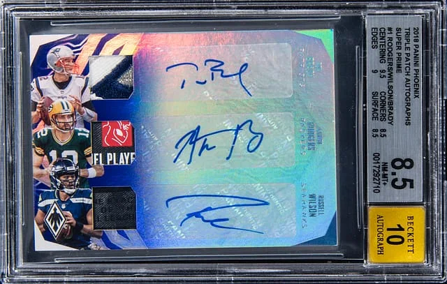 2018 Panini Tom Brady/Aaron Rodgers/Russell Wilson Triple-Signed Phoenix Triple Patch Autographs Super Prime #TP-TAR card image