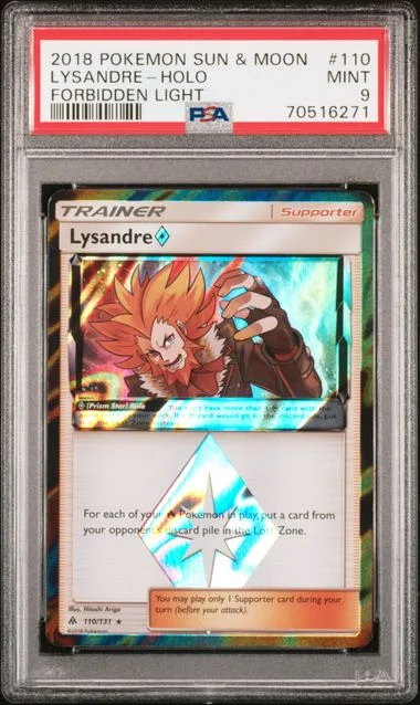 2018 Pokemon Sun and Moon Forbidden Light Holofoil Lysandre #110 card image