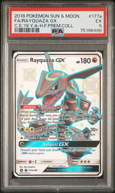 2018 Pokemon Sun & Moon Celestial Storm 2019 Yellow A Hidden Fates Premium Collection Full Art/Rayquaza Gx #177A card image
