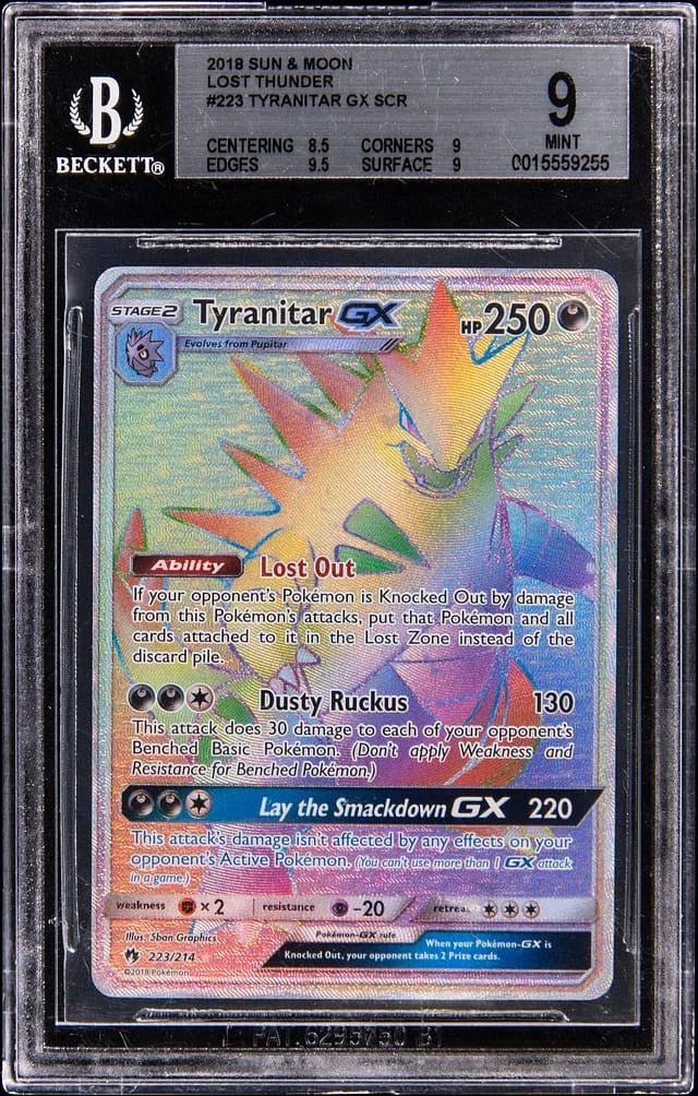 2018 Pokemon Sun & Moon Lost Thunder Secret Full Art Tyranitar GX #223 card image