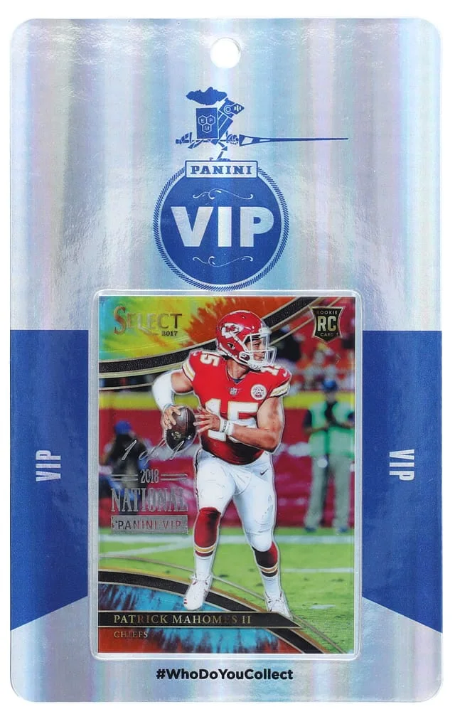 2018 The National Sports Collectors Convention VIP Badge - Featuring Panini Select Tie-Dye Prizm Patrick Mahomes II #2017 card image