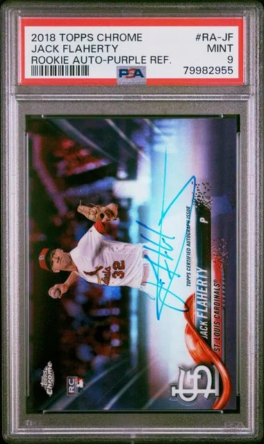 2018 Topps Chrome Jack Flaherty Autograph Purple Refractor #RA-JF card image