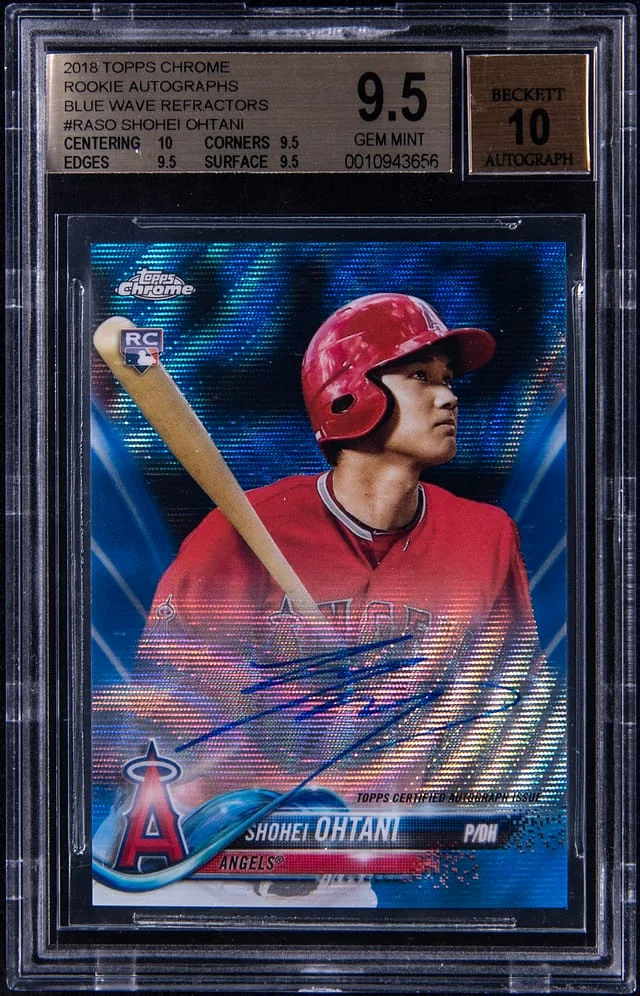 2018 Topps Chrome Shohei Ohtani Autographs Blue Wave Refractors #RASO card image