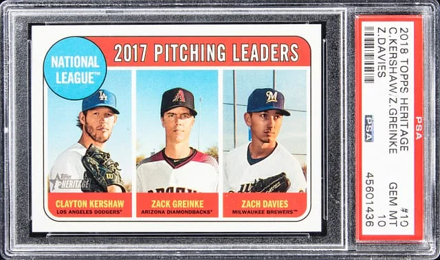2018 Topps Heritage Kershaw/Greinke/Davies NL Pitching Leaders #10 card image