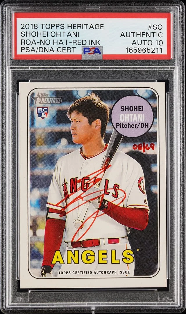 2018 Topps Heritage Shohei Ohtani, No Hat Autographs Red Ink #ROA-SO card image