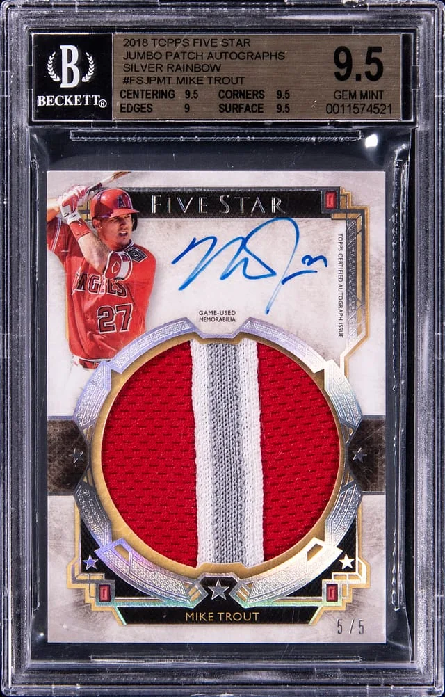 2018 Topps Mike Trout Five Star Silver Rainbow Jumbo Patch Autographs #FSJPMT card image
