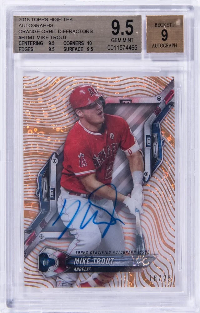 2018 Topps Mike Trout High Tek Autographs Orange Orbit Diffractors #HT-MT card image