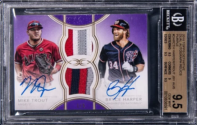 2018 Topps Mike Trout/Bryce Harper Definitive Collection Dual Autograph Relics Purple #DARC-TH card image