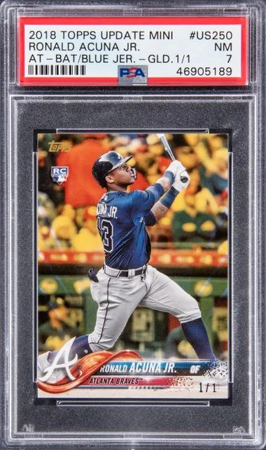 2018 Topps Mini Ronald Acuna Jr., At Bat in Blue Gold #US250 card image