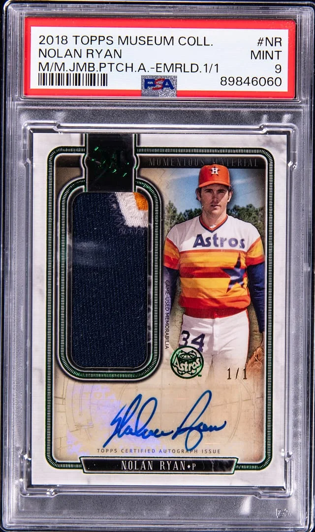 2018 Topps Museum Collection Nolan Ryan Momentous Memorabilia Jumbo Patch Autograph Emerald #NR card image