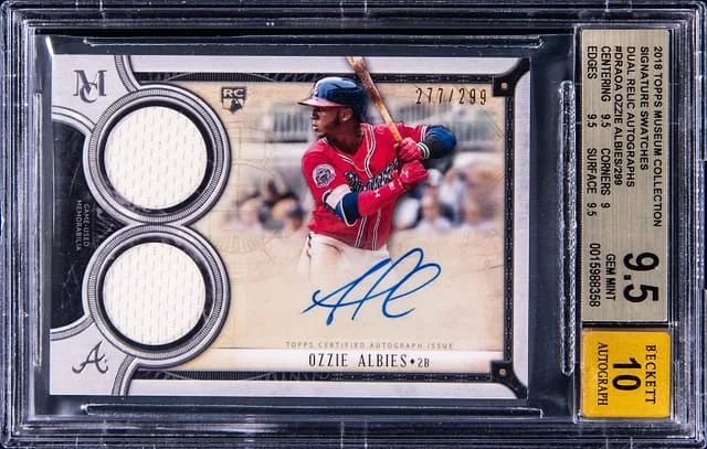 2018 Topps Museum Collection Ozzie Albies Signature Swatches Dual Relic Autographs #DRAOA card image