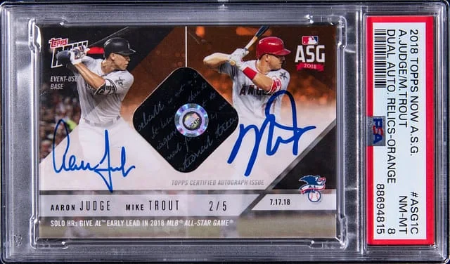 2018 Topps Now Aaron Judge/Mike Trout All-Star Game Dual Autographed Relics Orange #ASG1C card image