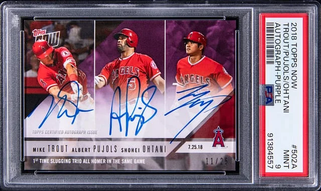 2018 Topps Now Mike Trout/Albert Pujols/Shohei Ohtani Multi-Signed Autograph Purple #502A card image
