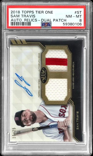 2018 Topps Sam Travis Tier One Relics Autograph Dual Patch #AT1DR-ST card image