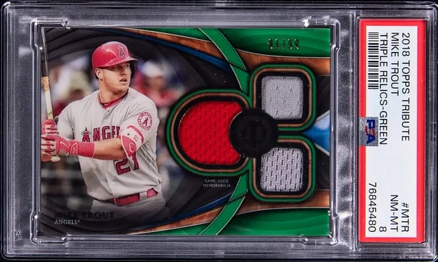 2018 Topps Tribute Mike Trout Triple Relics Green #MTR card image