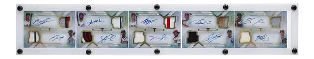 2018 Topps Triple Threads Acuna Jr./Devers/Rosario/Ohtani/Hoskins/Flaherty/Frazier/Albies/Robles/Torres Multi-Signed Game-Used Patch - Topps Encased Certified Deca Threads Autograph Relic Combo Booklet #ARC-4 card image