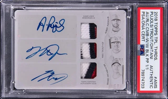 2018 Topps Triple Threads Albert Pujols/Mike Trout/Shohei Ohtani Certified Autograph Relic Combo Card #ARC-AMS card image