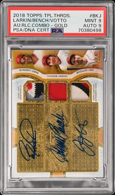 2018 Topps Triple Threads Barry Larkin/Joey Votto/Johnny Bench Autograph Relic Combos Gold #ARC-BKJ card image