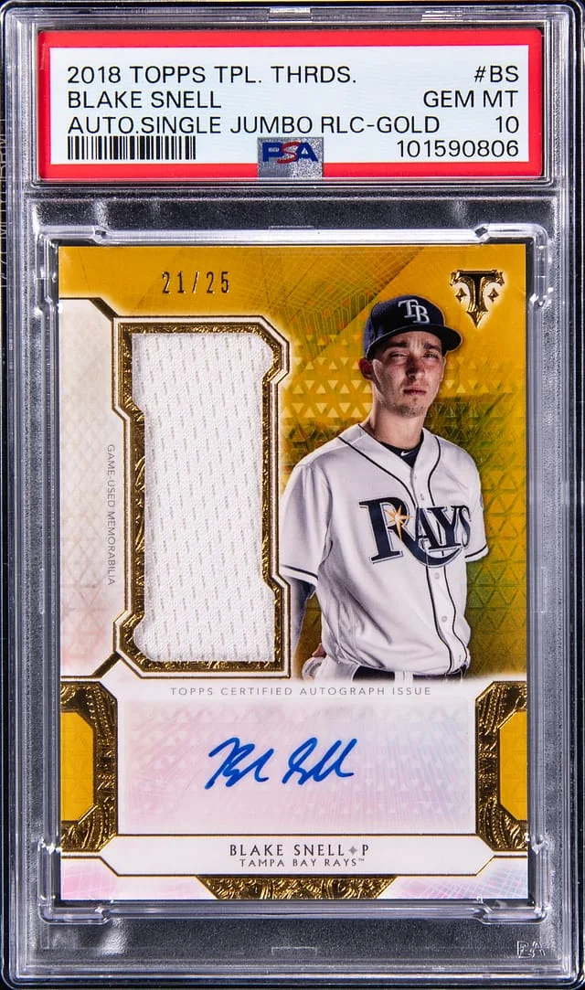 2018 Topps Triple Threads Blake Snell Autographed Single Jumbo Relic Gold #UAJR-BS card image