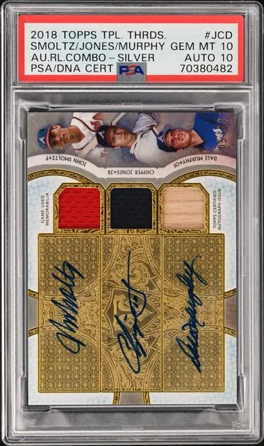 2018 Topps Triple Threads Chipper Jones/Dale Murphy/John Smoltz Multi-Signed Game-Used Autograph Relic Combos Silver #ARC-JCD card image
