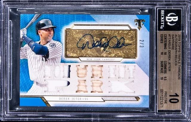 2018 Topps Triple Threads Derek Jeter Autograph Relics Sapphire #TTAR-DJ1 card image