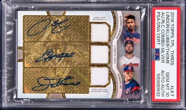 2018 Topps Triple Threads Francisco Lindor/Corey Kluber/Jim Thome Multi-Signed Autograph Relic Combo-Silver #LKT card image