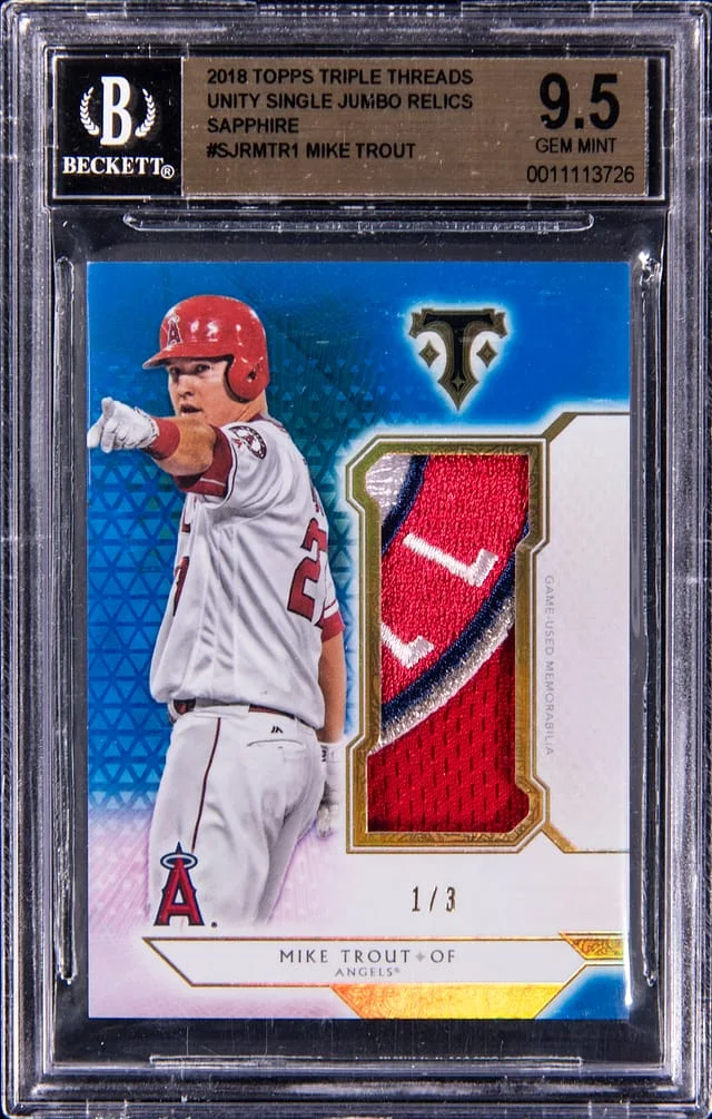 2018 Topps Triple Threads Mike Trout Game-Used Unity Single Jumbo Relics Sapphire #SJR-MTR1 card image