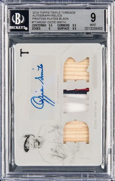 2018 Topps Triple Threads Ozzie Smith Autograph Relic Printing Plates Black #TTAT-OS1 card image