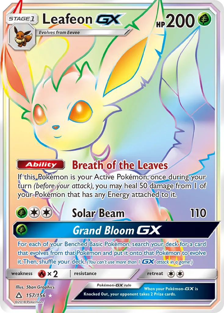 2018 Ultra Prism Leafeon-GX #157/156 Rare Rainbow card image