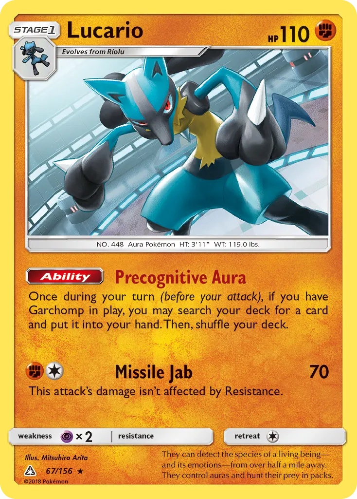2018 Ultra Prism Lucario #067/156 Rare Holo card image