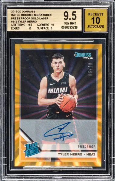 2019-20 Donruss Tyler Herro Rated Rookies Signatures Press Proof Gold Laser Rated Rokie #212 card image