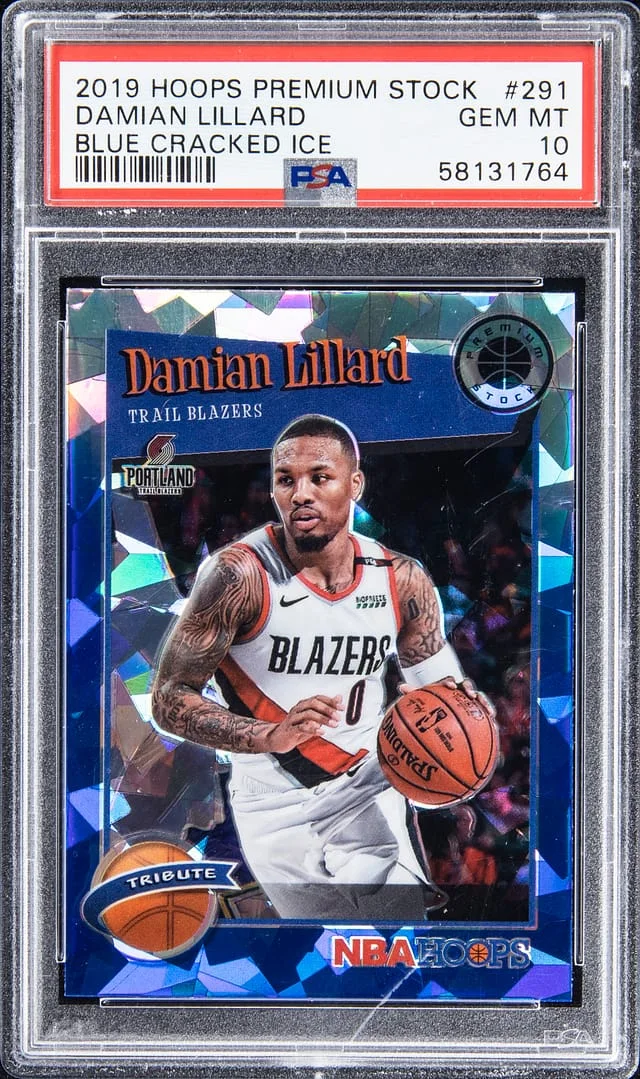 2019-20 NBA Hoops Damian Lillard Premium Stock Blue Cracked Ice #291 card image