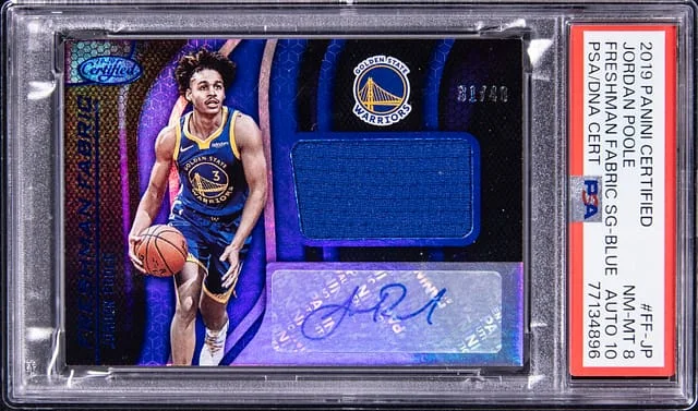2019-20 Panini Certified Jordan Poole Freshman Fabric Signature - Blue #FF-JP card image