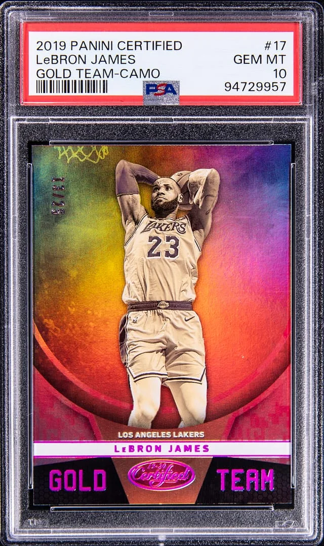 2019-20 Panini Certified LeBron James Gold Team Camo #17 card image