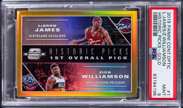 2019-20 Panini Contenders Optic LeBron James/Zion Williamson - James' Jersey Number Historic Picks Gold #1 card image
