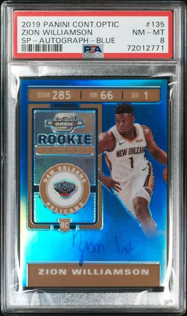 2019-20 Panini Contenders Optic Zion Williamson SP Autograph Blue #135 card image