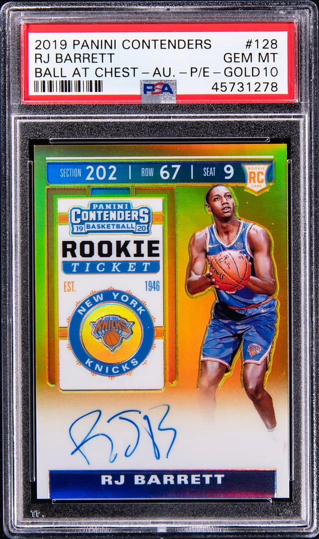 2019-20 Panini Contenders RJ Barrett, Ball at Chest Autograph Premium Edition Gold #128 card image
