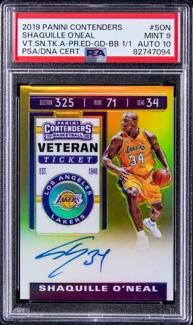2019-20 Panini Contenders Shaquille O'Neal Veteran Ticket Autographs Premium Edition Gold Black Box #VT-SON card image