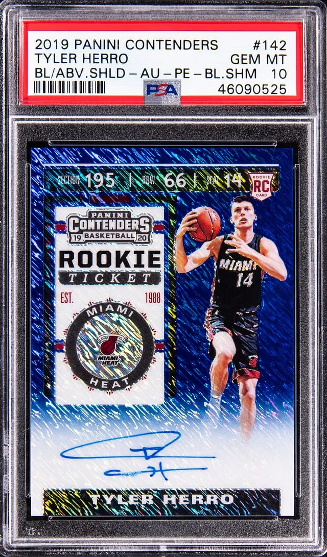 2019-20 Panini Contenders Tyler Herro, Ball Above Shield Autographed Premium Edition Blue Shimmer #142 card image