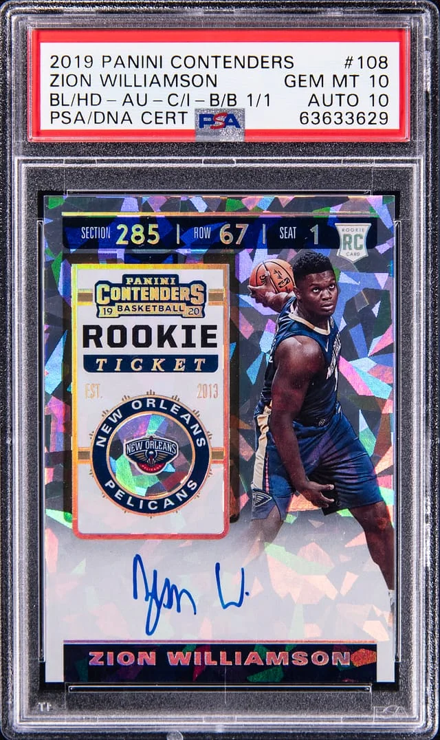 2019-20 Panini Contenders Zion Williamson, Ball in Hand Ticket Autograph Cracked Ice Black Box #108 card image