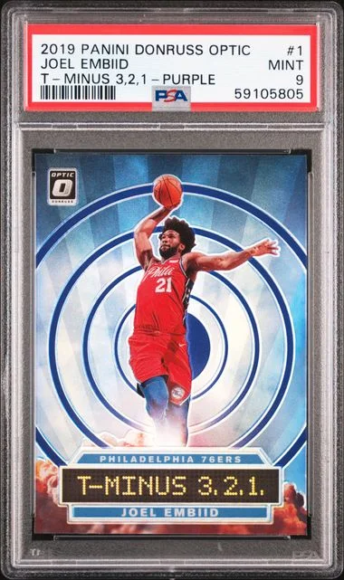 2019-20 Panini Donruss Optic Joel Embiid T-Minus 3, 2, 1 Purple #1 card image