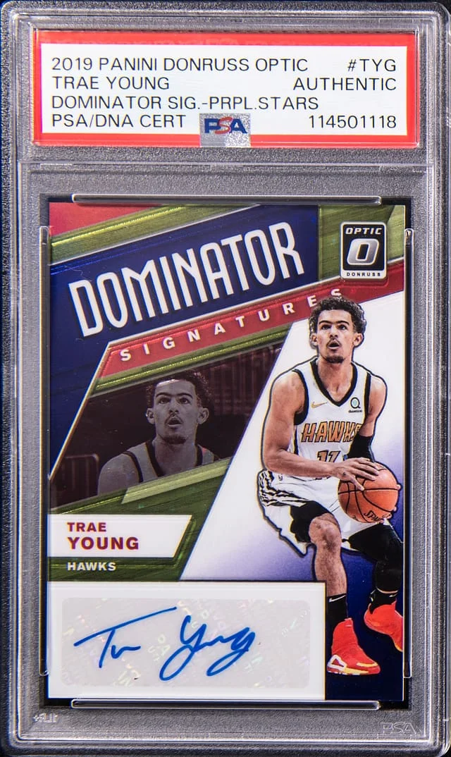 2019-20 Panini Donruss Optic Trae Young Dominator Signatures Purple Stars #DS-TYG card image