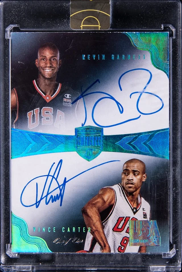 2019-20 Panini Eminence Kevin Garnett/Vince Carter USA Basketball Dual Autographs Platinum #USD-KV card image