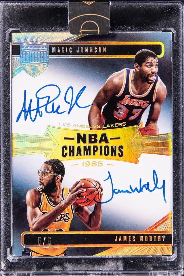 2019-20 Panini Eminence Magic Johnson/James Worthy Dual Autographs 1985 NBA Champions #NBC-MJ card image