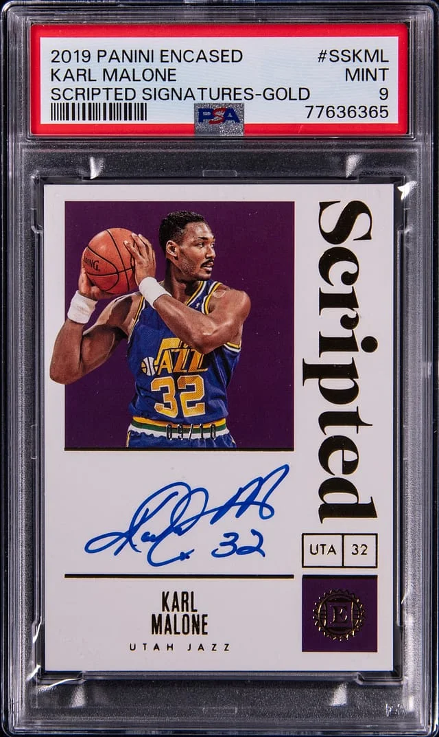 2019-20 Panini Encased Karl Malone Scripted Signatures Gold #SSKML card image